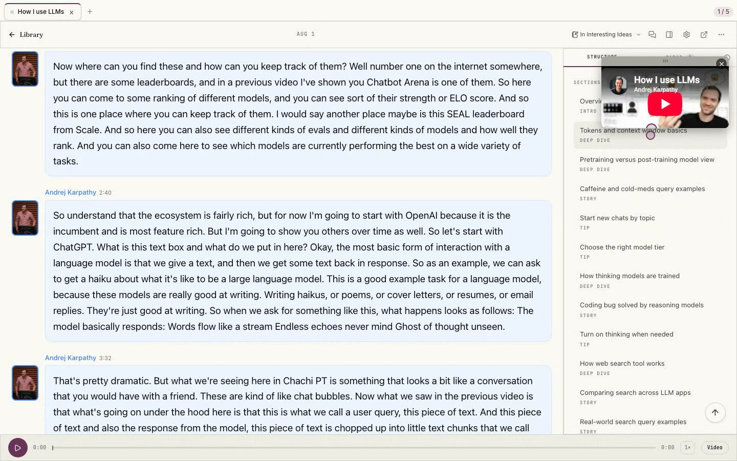 Reading a talk as a transcript with its video docked beside it, and moving through it by its own moments.