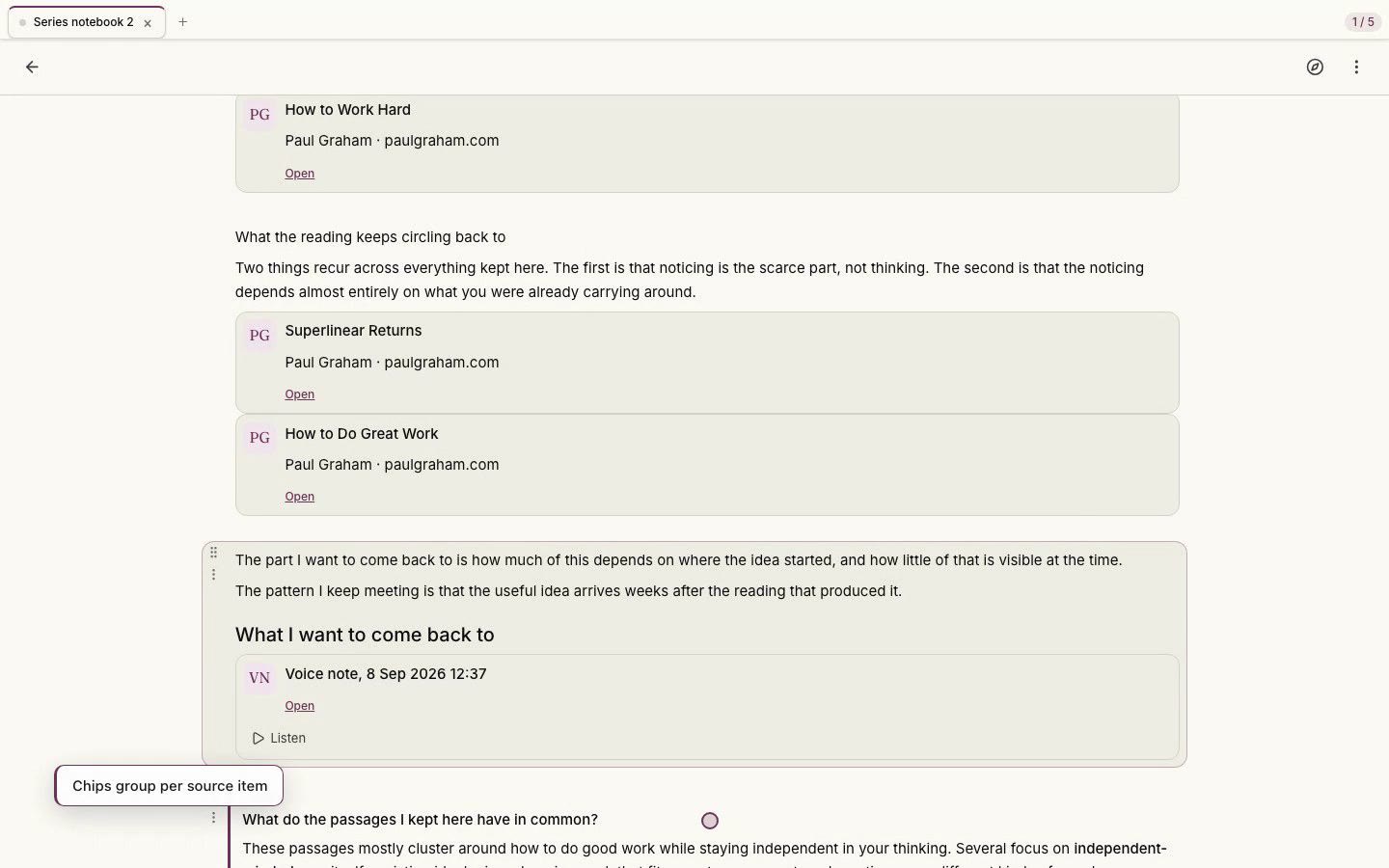 Keep a question, its answer and its citations on the page that prompted it.