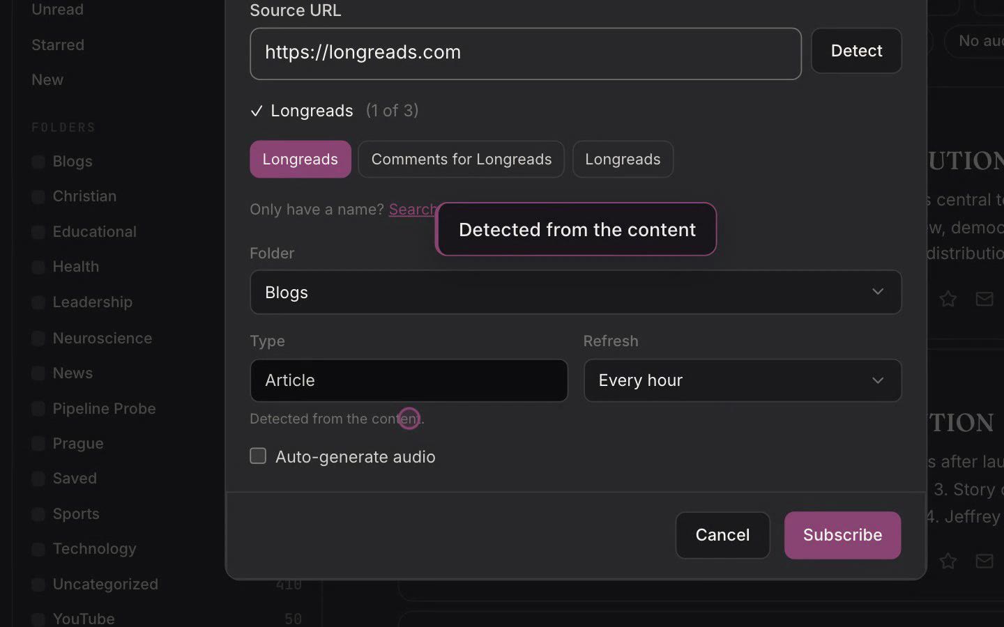 Add a source to Inbox by pasting a link, and let the app work out the feed.
