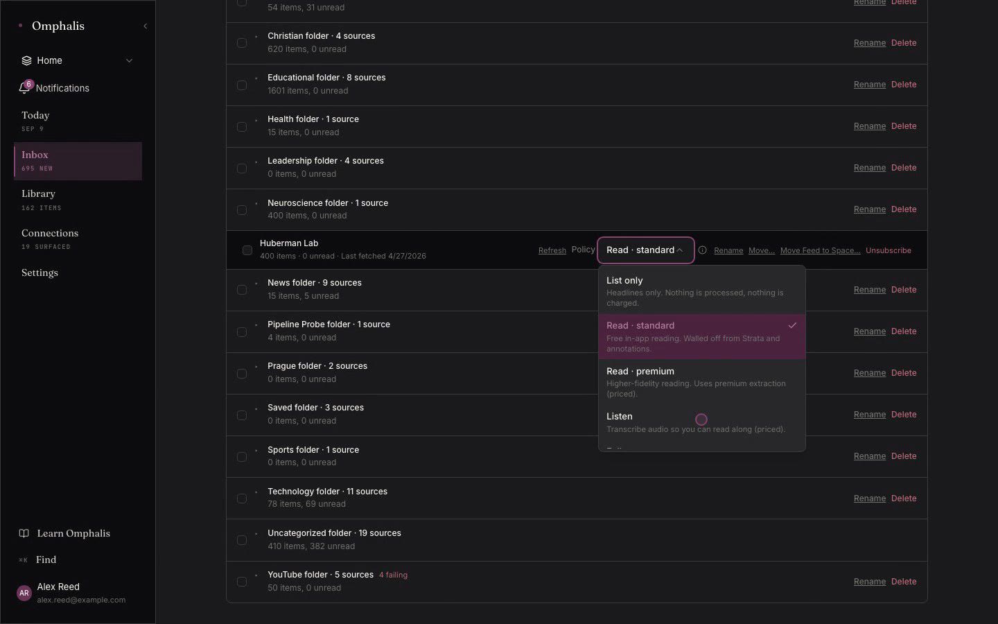 Every source carries a processing policy, from headlines only to the full pipeline, and you choose it.