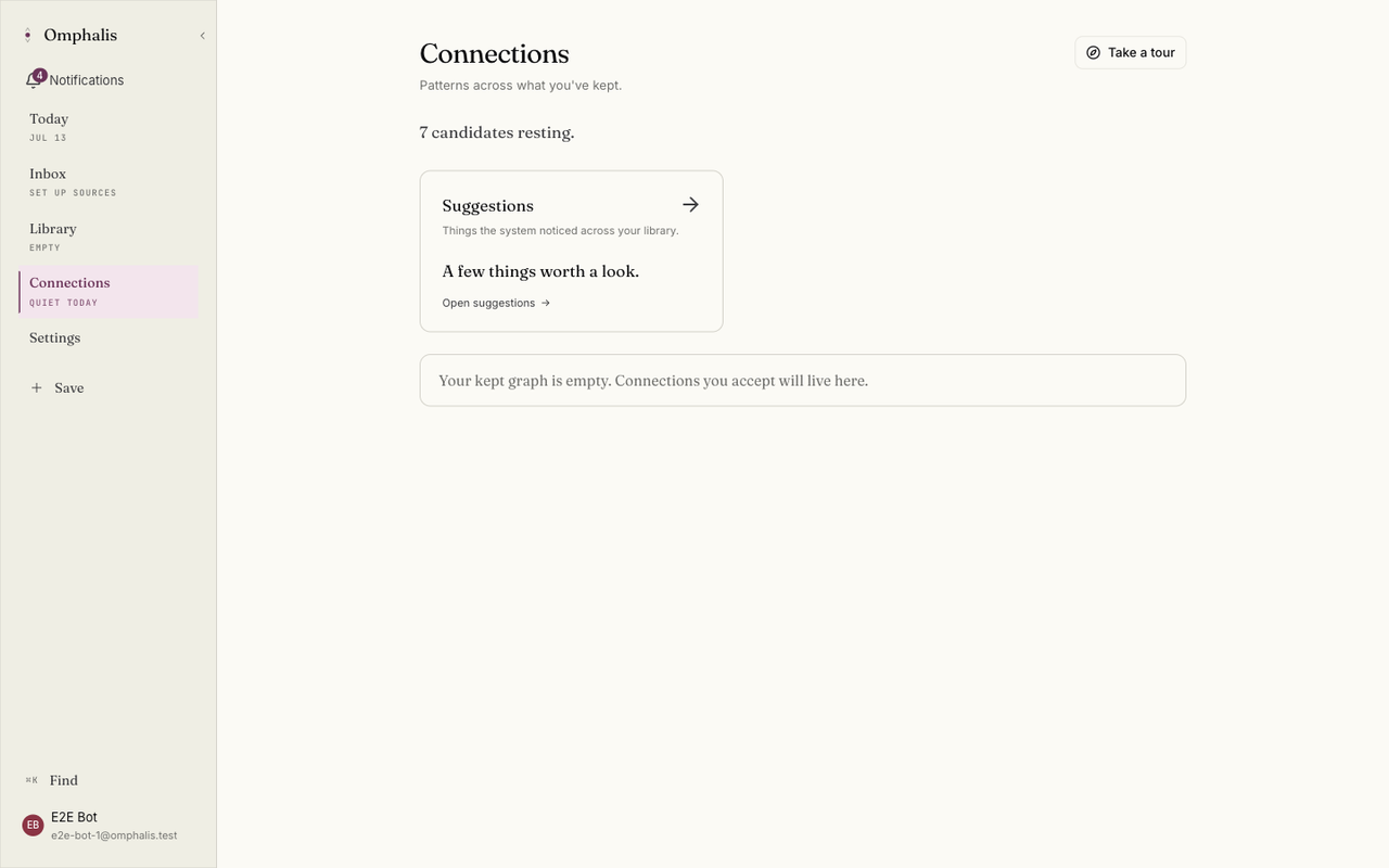 The Connections surface: quiet suggestions to compare, easy to leave resting.