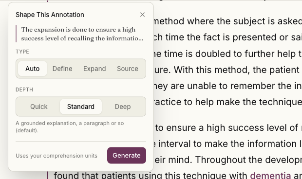 Learn more on a passage, then shape its type and depth.