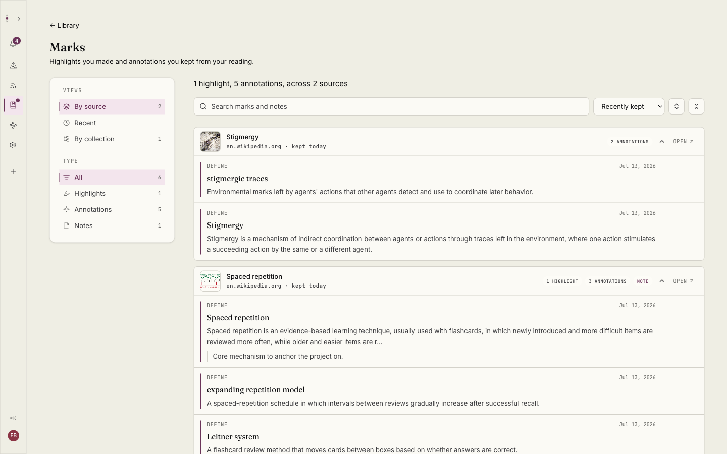 Every mark in one place, filtered by All, Highlights, Annotations, and Notes.