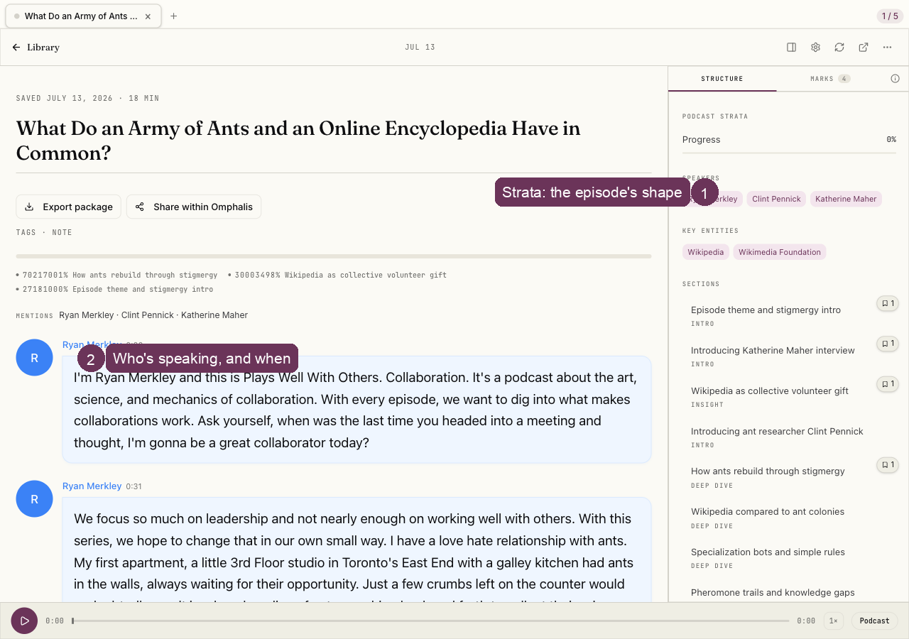 Strata turns a linear episode into a navigable map, with a diarized transcript.