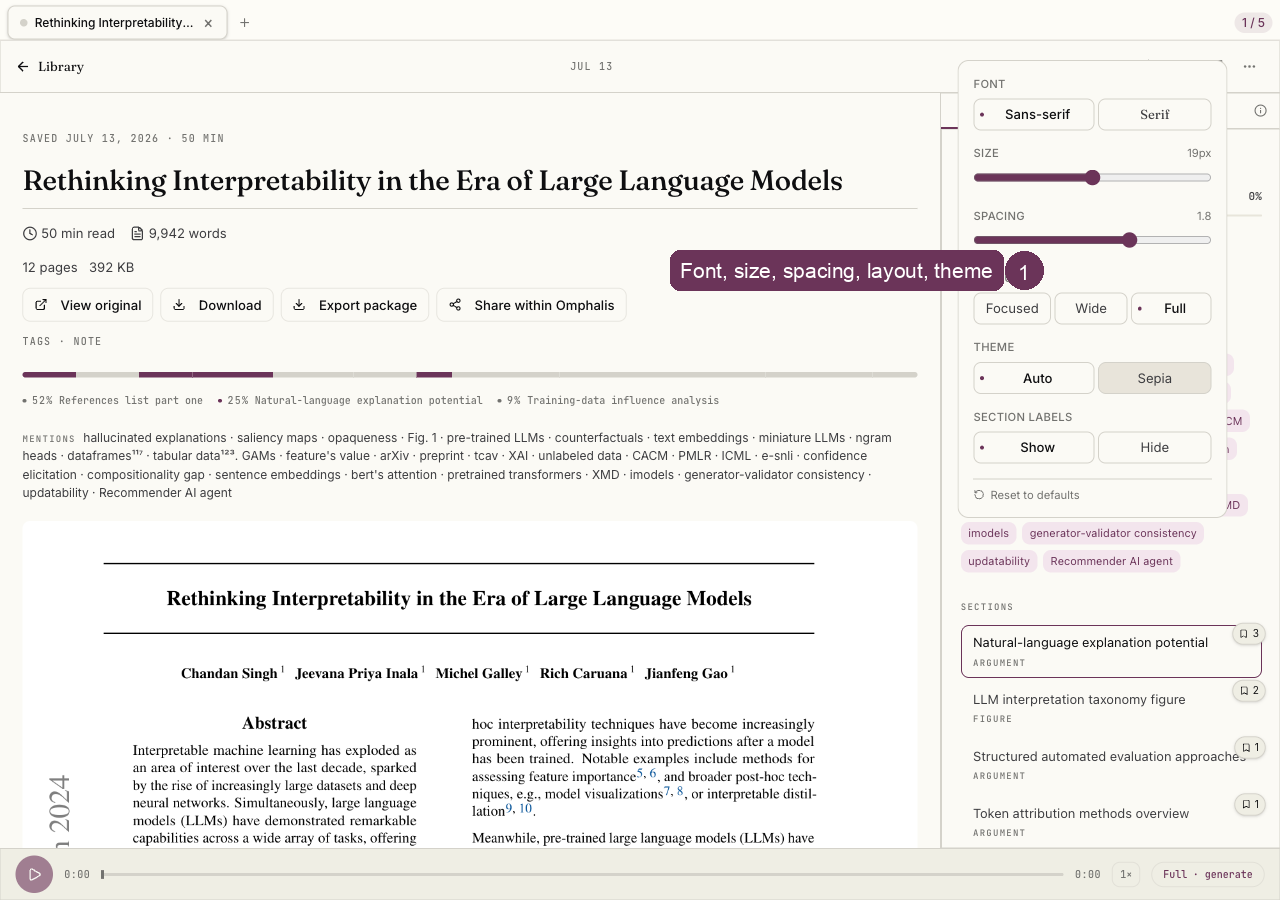 Reading settings change how the page looks, never what the source says.