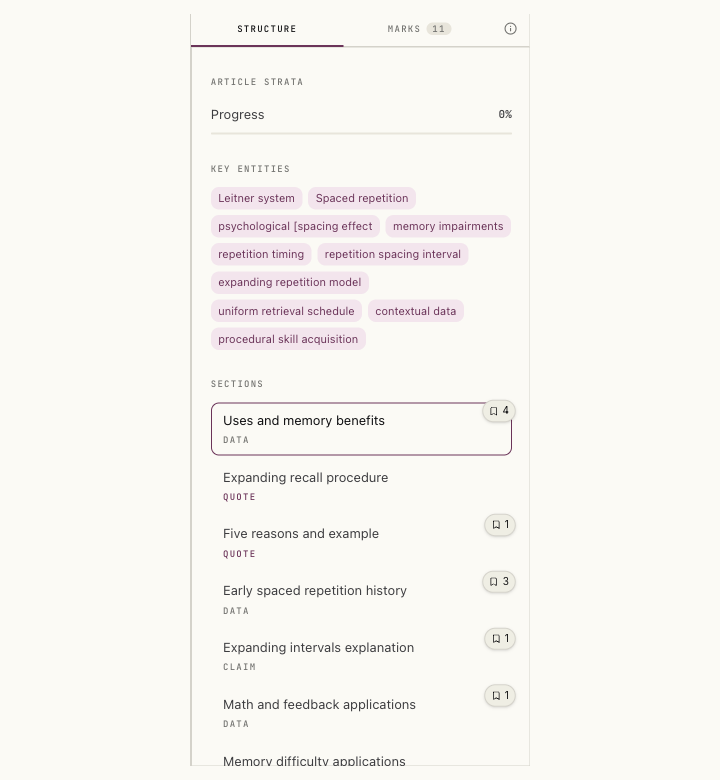 Strata maps a piece into typed moments so you can see its shape.