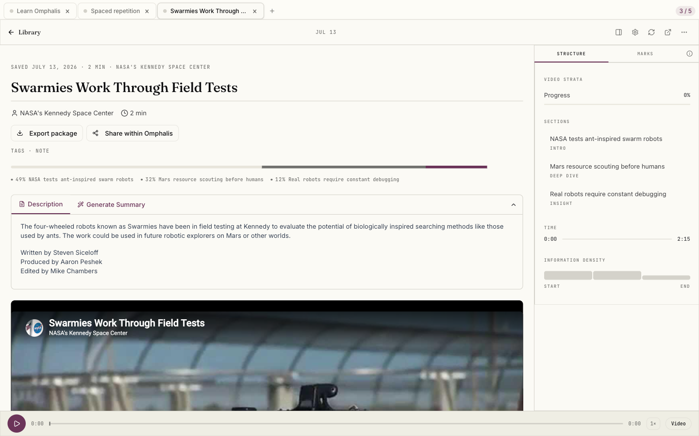 A talk becomes a clean, structured page, with Video Strata and the player in reach.